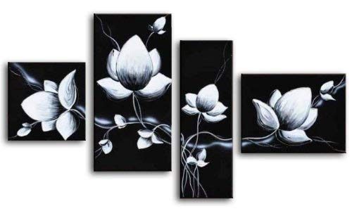 Wieco Art Extra Large 4 Panels 100% Hand Made Abstract Floral Oil Paintings on Canvas Wall Art Modern Gallery wrapped Black and White Flowers Artwork for Living Room Bedroom Home Office Decor L Review