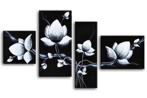 Wieco Art Extra Large 4 Panels 100% Hand Made Abstract Floral Oil Paintings on Canvas Wall Art Modern Gallery wrapped Black and White Flowers Artwork for Living Room Bedroom Home Office Decor L