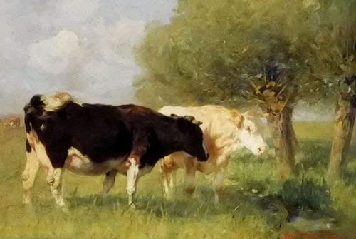 100% Hand Painted two cattle cow Canvas Oil Painting for Home Wall Art by Well Known Artist, Framed, Ready to Hang