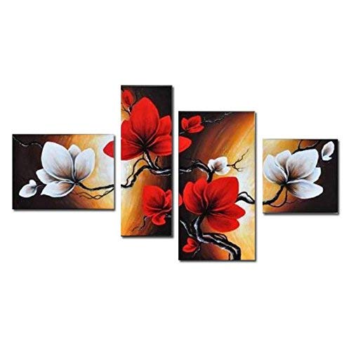 Wieco Art - Large Size Modern Abstract Floral 4 Piece 100% Hand Painted Full Bloom in Spring Red Flowers Oil Paintings on Canvas Wall Art for Living Room Bedroom Home Decorations