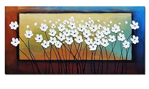 Wieco Art White Flowers Oil Paintings on Canvas Wall Art Living Room Bedroom Home Decorations Large Modern Stretched Framed 100% Hand Painted Contemporary Pretty Abstract Floral Artwork L Review