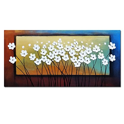 Wieco Art White Flowers Oil Paintings on Canvas Wall Art Living Room Bedroom Home Decorations Large Modern Stretched Framed 100% Hand Painted Contemporary Pretty Abstract Floral Artwork L