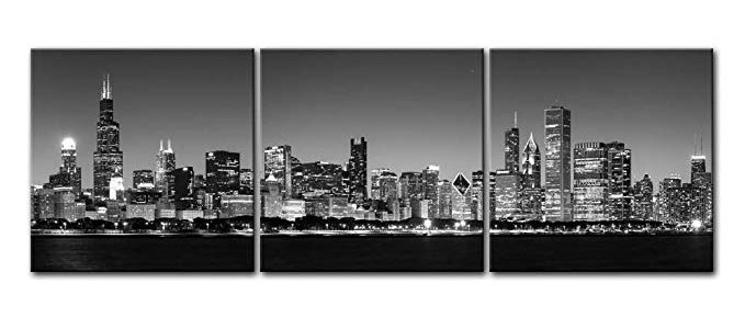 QICAI 3 Pieces Black & White Chicago Skyline Night B&W And Modern Architecture Buildings Business Cityscape Coastline at Night Canvas Wall Art Painting for Home Decor Stretched And Framed ,3pcs/set Review