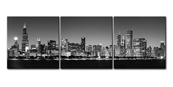 QICAI 3 Pieces Black & White Chicago Skyline Night B&W And Modern Architecture Buildings Business Cityscape Coastline at Night Canvas Wall Art Painting for Home Decor Stretched And Framed ,3pcs/set