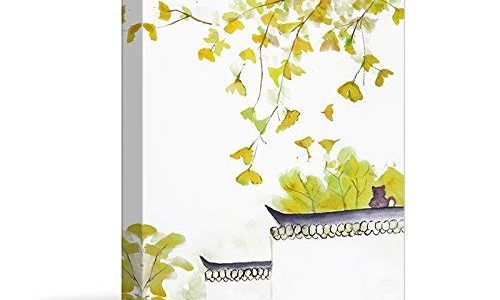 wall26 Canvas Wall Art – A Cat Sitting on Tradition Chinese Wall under Yellow Ginkgo Leaves – Watercolor Painting Style Art Reproduction – Modern Home Decoration – 32″x48″ Review