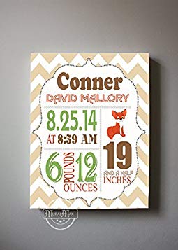 Personalized Stretched Canvas Birth Announcement Gift, Custom Baby Name, Date, Weight Stats, Newborn Nursery Fox Wall Art Decor, 100% Wooden Frame Construction, Ready To Hang 12X16