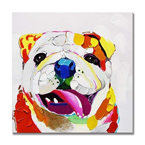 SEVEN WALL ARTS - 100% Hand Painted Oil Painting Animal Cute Dog with Stretched Frame (32 x 32 Inch, Colorful Cute Dog)