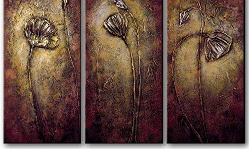 Wieco Art 3 Piece Abstract Floral Oil Paintings on Canvas Wall Art Ready to Hang for Bedroom Kitchen Home Decorations Bronze Elegance Modern Stretched and Framed 100% Hand Painted Flowers Artwork Review