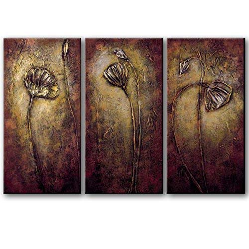 Wieco Art 3 Piece Abstract Floral Oil Paintings on Canvas Wall Art Ready to Hang for Bedroom Kitchen Home Decorations Bronze Elegance Modern Stretched and Framed 100% Hand Painted Flowers Artwork