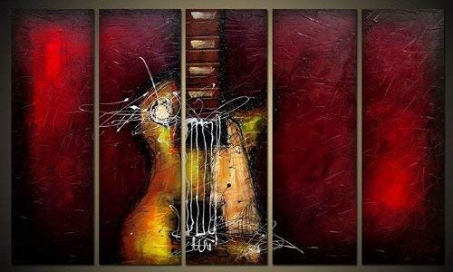 Wieco Art 5 Panels Abstract Music Oil Paintings on Canvas Wall Art for Living Room Bedroom Home Office Decorations Guitar Passion Large Modern Gallery Wrapped 100% Hand Painted Grace Artwork Decor L Review