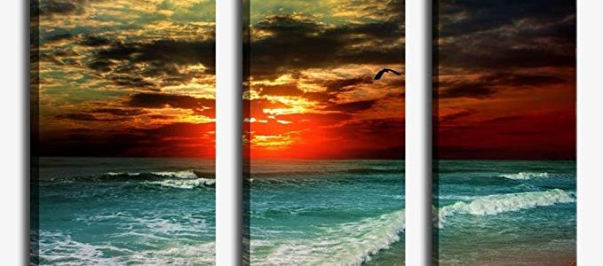 Canvas Wall Art Beach Sunset Painting Sea Pictures Wall Decor Framed Ready to Hang – 3 Pieces Large Ocean Scenery with Bird Flying Sky Artwork for Home Office Decoration 14″ x 30″ x 3 Review