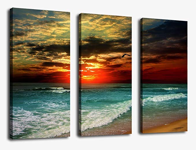 Canvas Wall Art Beach Sunset Painting Sea Pictures Wall Decor Framed Ready to Hang - 3 Pieces Large Ocean Scenery with Bird Flying Sky Artwork for Home Office Decoration 14