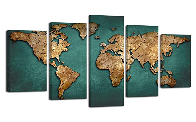 Ardemy Canvas World Map Wall Art Blue Abstract Vintage Painting, 5 Pieces Extra Large Size Framed Ready to Hang for Bedroom Living Room Home and Office Decoration