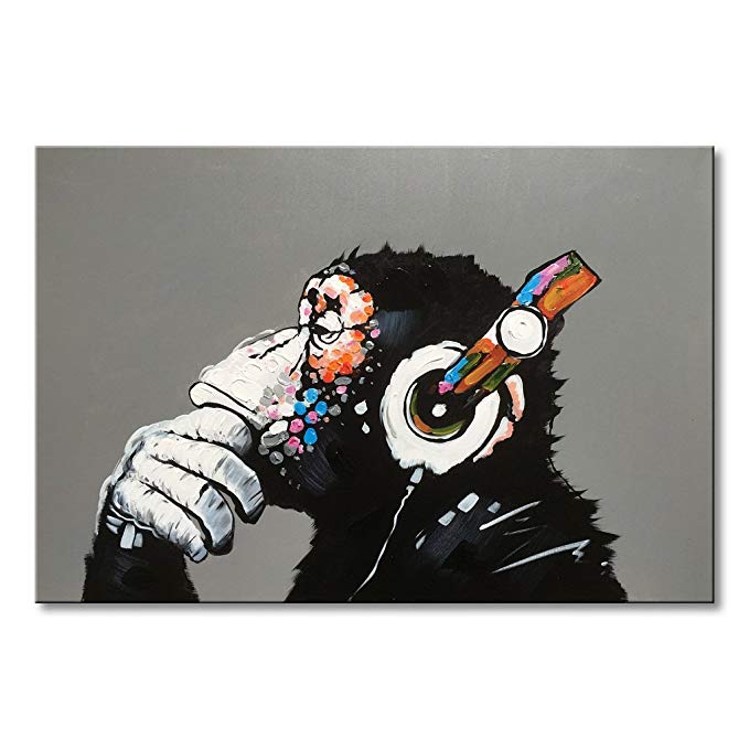 Everfun Modern Gorilla Monkey Music Canvas Art Wall Hand Painted Oil Painting Abstract Animal Decor Artwork Thinking Chimp Picture Home Decoration Wooden Frame 24x36 inch