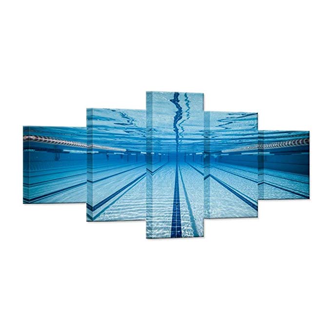 Hello Artwork Large 5 Piece Canvas Wall Art Blue Water Swimming Pool Modern Natatorium Sport Gym Stretched And Framed Home Decor Wall Art for Living Room Decor