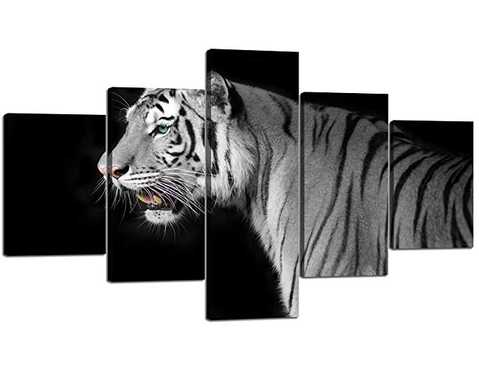 Yatsen Bridge 5 Piece Canvas Wall Art Modern Home Decor Posters and Prints Pictures for Living Room HD Printed Black and White Tiger Animal Painting Framed Stretched Ready to Hang (60'' W x 32''H)