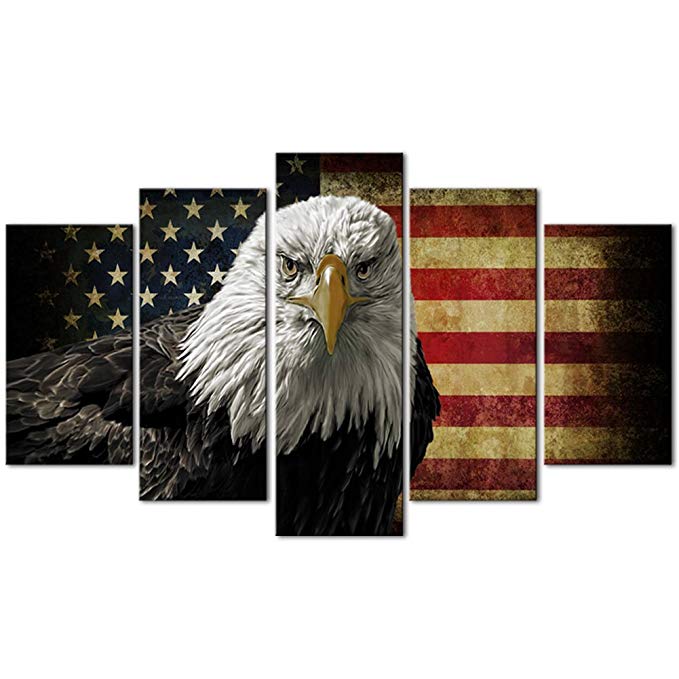 Melody Art-5 Piece American Flag Eagle Hawk Decorative Wall Art Oil Painting on Canvas Modern Artwork 5 Panels Stretched and Framed for Home Bedroom Living Room Office Decor and housewarming gift