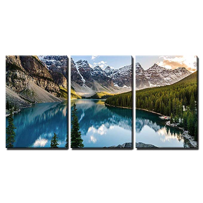 wall26 - 3 Piece Canvas Wall Art - Landscape View of Moraine Lake and Mountain Range at Sunset in Canadian Rocky Mountains - Modern Home Decor Stretched and Framed Ready to Hang - 24