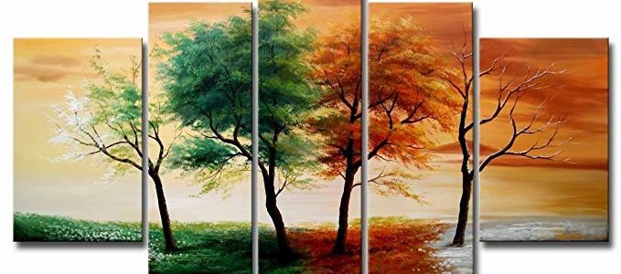 VASTING ART 5-Panel 100% Hand-Painted Oil Paintings Landscape Forest Seasons Trees Modern Abstract Artwork Stretched Wood Framed Ready Hang Home Decoration Wall Decor Living Room Bedroom Yellow Green Review