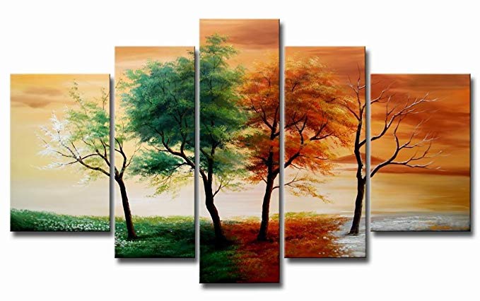 VASTING ART 5-Panel 100% Hand-Painted Oil Paintings Landscape Forest Seasons Trees Modern Abstract Artwork Stretched Wood Framed Ready Hang Home Decoration Wall Decor Living Room Bedroom Yellow Green