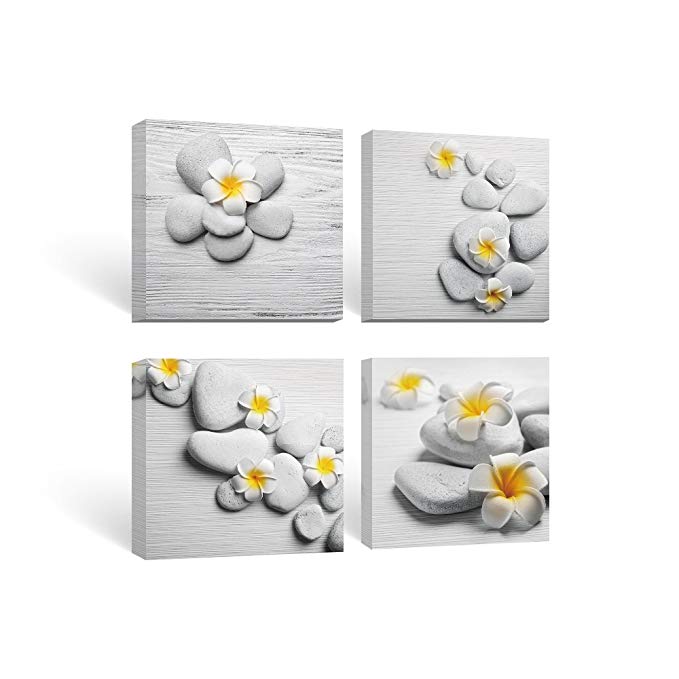 SUMGAR Framed Wall Art for Bathroom Canvas Paintings for Living Room Yellow Flowers Frangipani Zen Stones