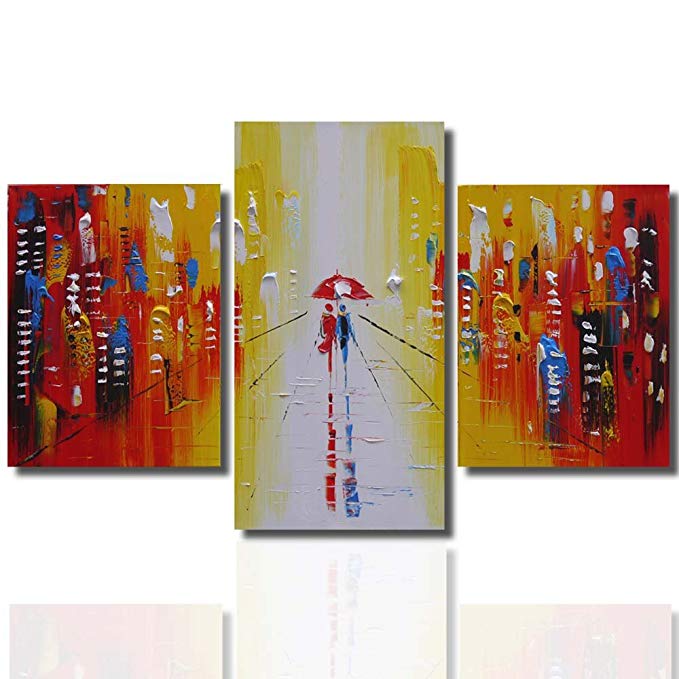 Joy Art Framed 100% Hand-painted Rainy Street Paintings on Canvas for Wall Decor, Office Deco and for Livingroom Ready to Hang