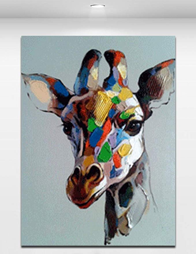 Colorful Giraffe's Head - Cartoon Animal Hand-painted Oil Painting On Canvas For Modern Home Decoration Wall Art Size 2836