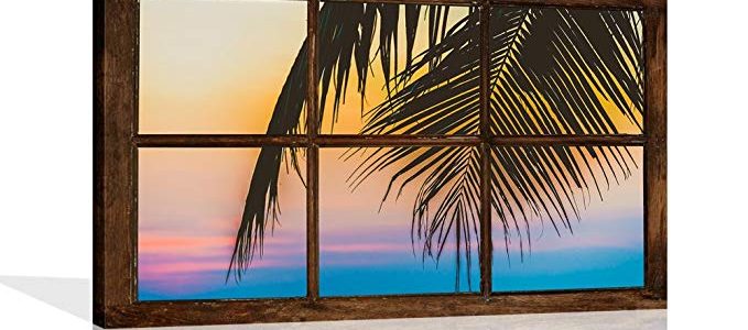 Tropical Palm Tree Canvas Wall Art Window View Painting with Sunset Landscape Artwork Ready to Hang for Home Decoration 24″x40″ Review