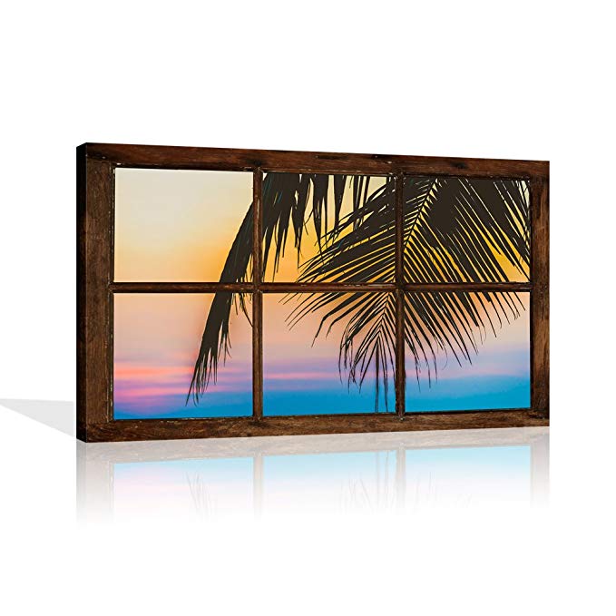 Tropical Palm Tree Canvas Wall Art Window View Painting with Sunset Landscape Artwork Ready to Hang for Home Decoration 24