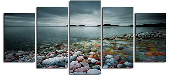 Canvas Art Stone Beach Canvas Prints Wall Decor Lake Nature Picture 24″x50″ 5 Pieces Blue Canvas Pictures for Home Decoration Framed and Ready to Hang Review