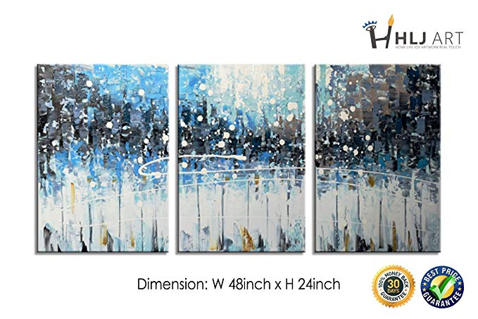 HLJ 3 Pieces 16x24inch Modern Abstract Dark Blue Hand Painted Oil Paintings framed on Canvas Ready to Hang on Wall Bathroom Living Room (Blue, L)