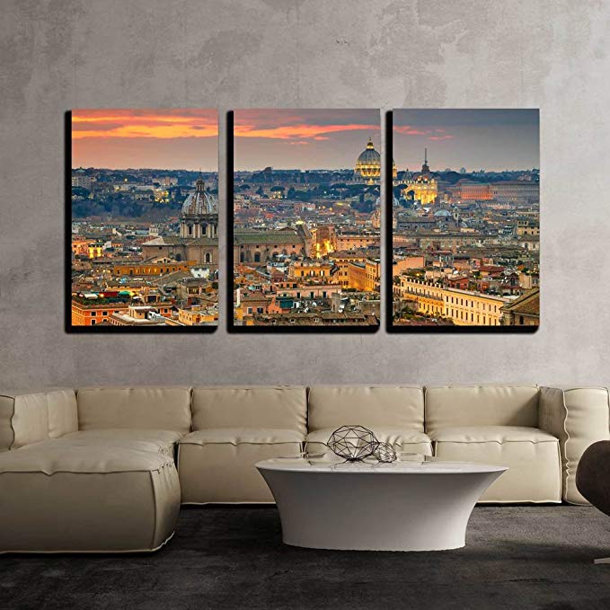 wall26 - 3 Piece Canvas Wall Art - Wonderful View of Rome at Sunset Time with St Peter Cathedral - Modern Home Decor Stretched and Framed Ready to Hang - 24