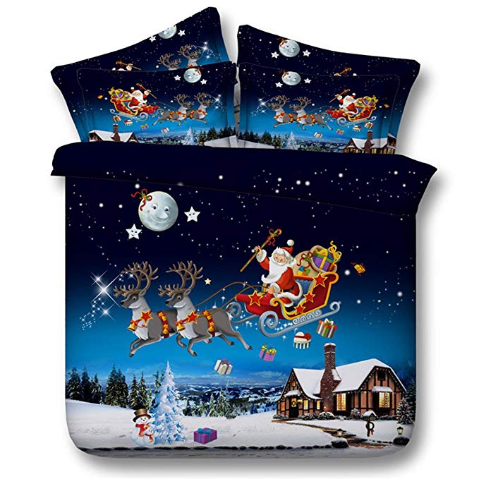 Christmas Quilt Bedspreads 3 Piece Set Duvet Cover and Pillowcase - Premium Quality Blue Bed Covers with Reindeer and Christmas (King)