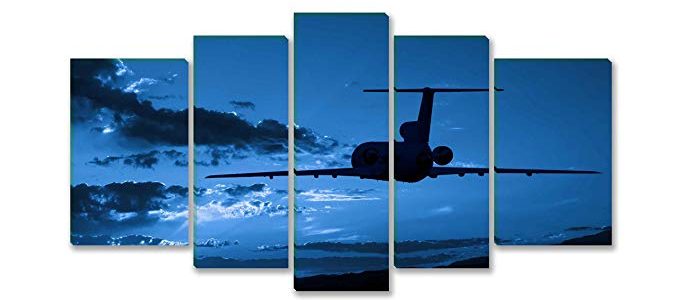 yuanclllp – Traffic Tools Series Wall Art Framed 5 Panels painting Jet Airplane Flying To Sunrise Picture For Modern Home Decoration Review