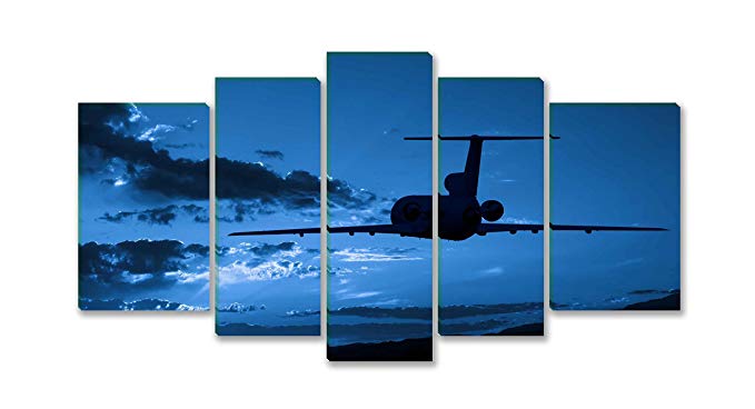 yuanclllp - Traffic Tools Series Wall Art Framed 5 Panels painting Jet Airplane Flying To Sunrise Picture For Modern Home Decoration