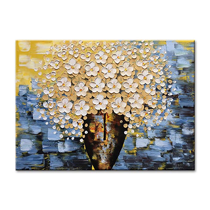 EVERFUN ART Canvas Wall Art Hand Painted Modern Textured Abstract Oil Painting White Yellow Flower Pictures Contemporary Artwork Floral Decor Stretched Framed Ready to Hang (40