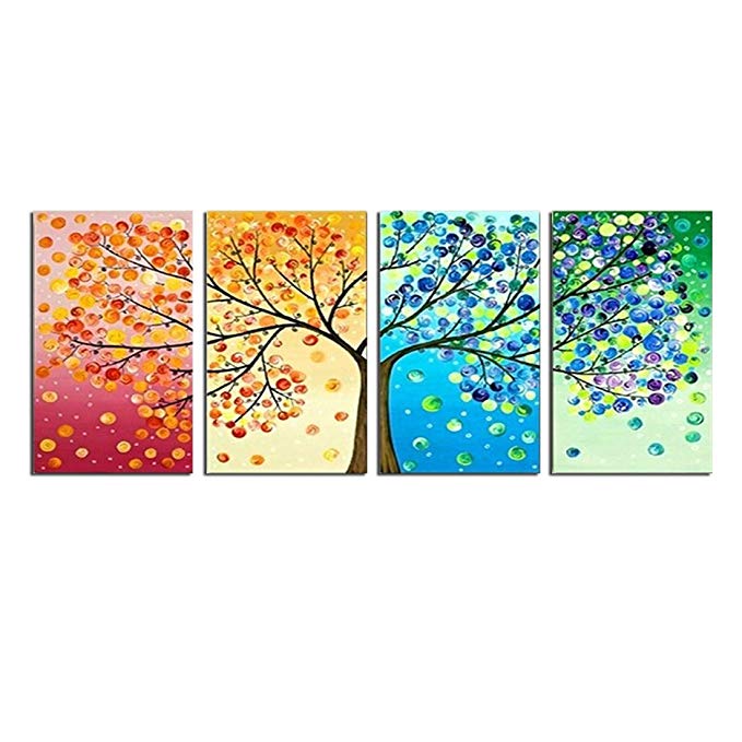 Grepova Art - Four Seasons Tree Painting Art Decoration 100% Hand Painted Oil Painting for Home on Wall Canvas for Living Room Decration