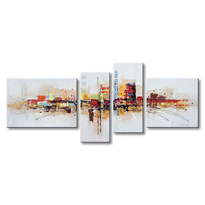 Winpeak Art Framed Handmade Abstract Huge Oil Painting Canvas Wall Art Hanging Modern Contemporary Cityscape Large Artwork Home Decoration Stretched Ready to Hang 84