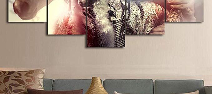 Indian Chief Picture Modern Abstract Home Deco Painting on Canvas Wall Art Artworks Posters and Prints for living room Hotel Bar 5 Panel Painting Gallery-wrapped Canvas Art Set Framed (60”W x 32”H) Review