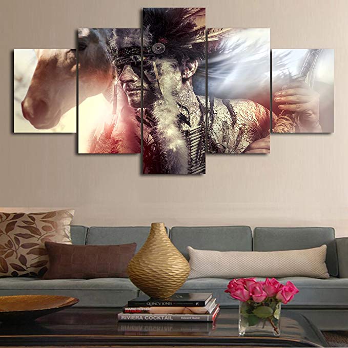 Indian Chief Picture Modern Abstract Home Deco Painting on Canvas Wall Art Artworks Posters and Prints for living room Hotel Bar 5 Panel Painting Gallery-wrapped Canvas Art Set Framed (60''W x 32''H)