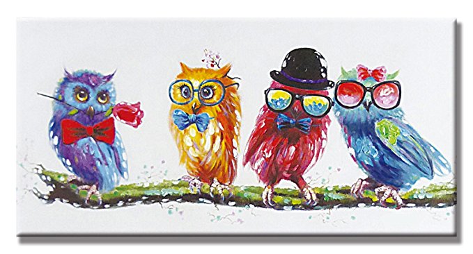 SEVEN WALL ARTS - 100% Hand Painted Oil Painting Cute Animals with Stretched Frame Artwork for Wall Decor 18 x 36 Inch (Colorful Owl)