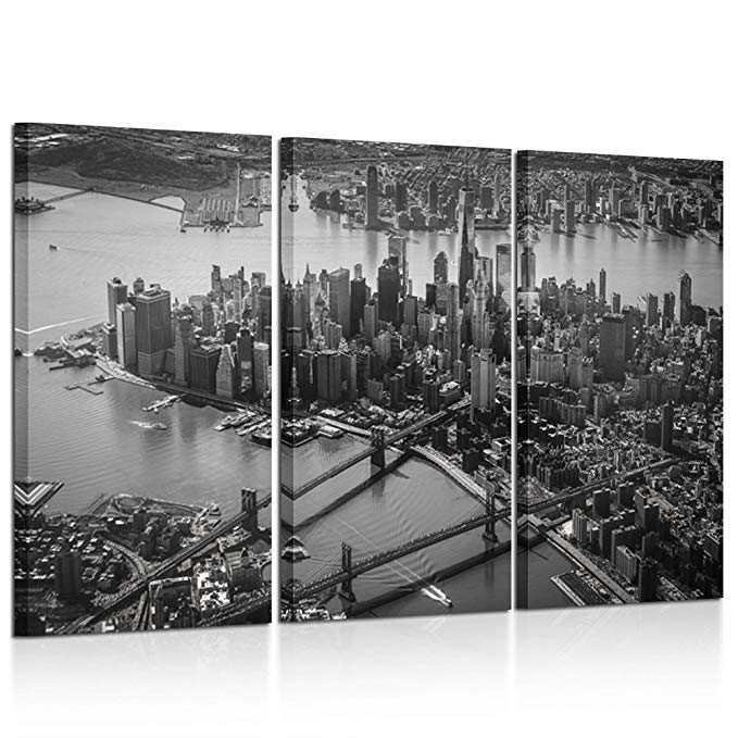 Kreative Arts - 3 Pieces Canvas Wall Art Black and White Brooklyn Bridge and New York City Manhattan Downtown Urban Skyline Modern Home Decor Stretched and Framed Ready to Hang 12x24inchx3pcs