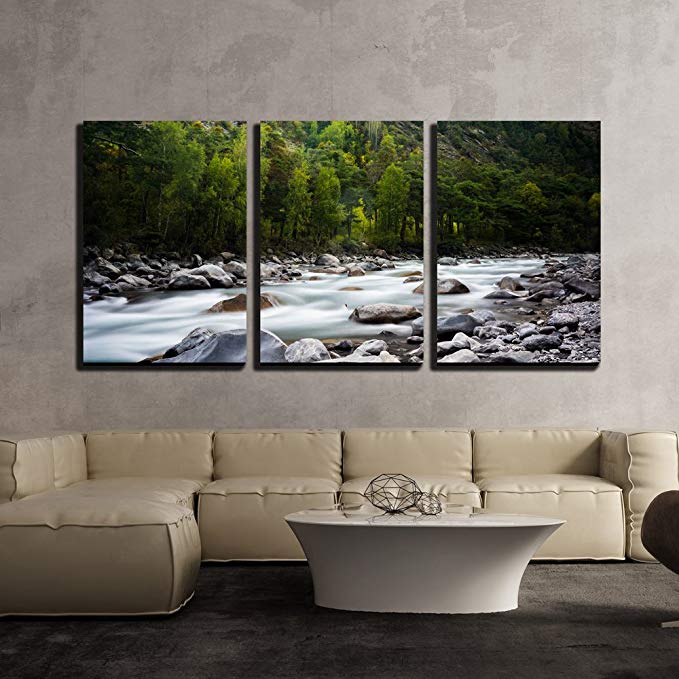 wall26 - 3 Piece Canvas Wall Art - Landscape with a Creek in Mountains - Modern Home Decor Stretched and Framed Ready to Hang - 24