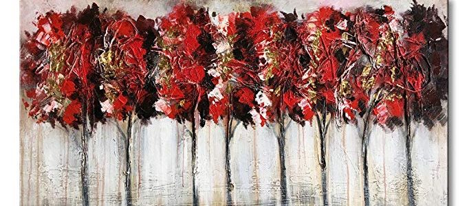 Everfun Hand Painted Modern Abstract Oil Painting Canvas Wall Art Red Tree Forest Artwork for Decor Stretched Ready to Hang Review