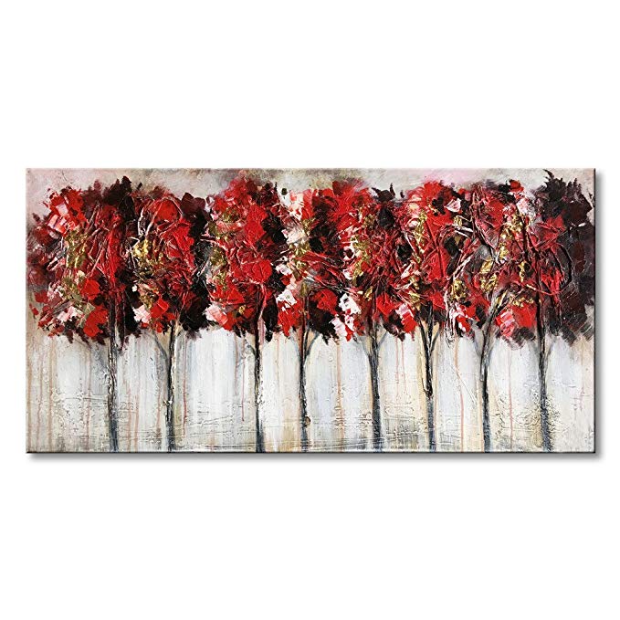 Everfun Hand Painted Modern Abstract Oil Painting Canvas Wall Art Red Tree Forest Artwork for Decor Stretched Ready to Hang