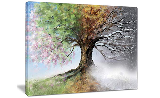 Hand-painted Modern Landscape Abstract Oil Painting on Canvas Wall Art Gallery-wrapped Canvas Art Set, Home Decor 4 Season Tree Pictures for Living Room Framed Ready to Hang (32'' H x 40'' W)