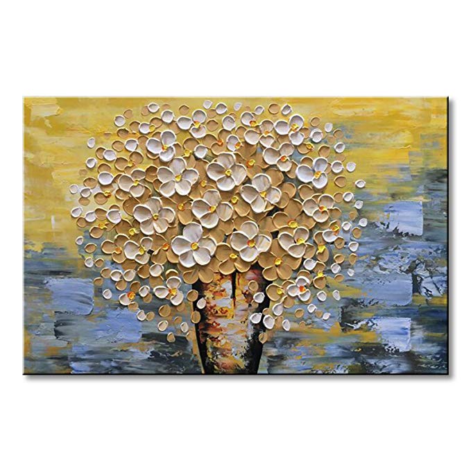 Seekland Modern Textured Wall Art Hand Painted Yellow Flower Oil Painting on Canvas Abstract Floral Artwork for Living Room Office Decoration Stretched and Ready to Hang (Framed 36