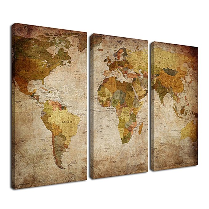 Ardemy Canvas Art Prints Retro Abstract Beige World Map 16x32inches 3 Panels/Set, Wall Paintings Artwork Design Framed Ready to Hang for Living Room Bedroom Kitchen Home and Office Decor