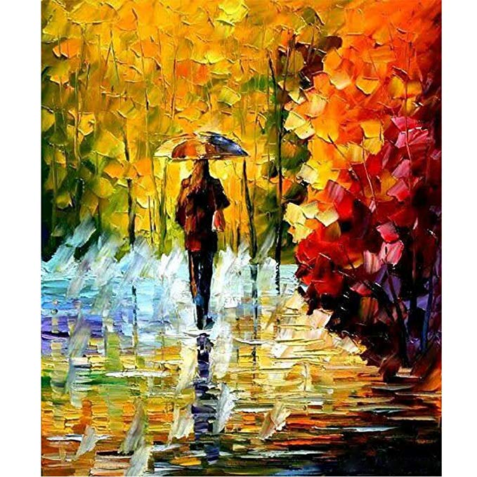 Sunding Art Modern Abstract Painting Hand-Painted Oil Painting Landscape Wall Artwork Wolking In The Rain Landscape on Canvas Modern Wooden Framed for Living Room Ready to Hang