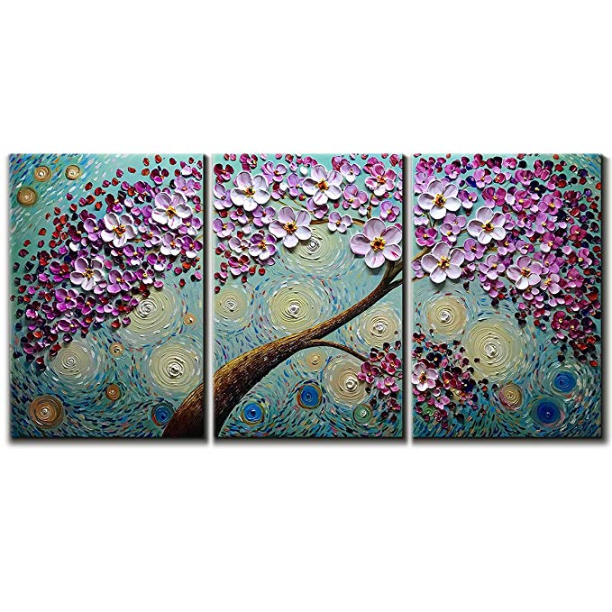 Hand-painted Oil Painting, V-inspire Blooming life Abstract 3D Hand-Painted Modern Home Decoration Abstract Artwork Art 3 Panels Wood Inside Framed Hanging 16x24Inchx3